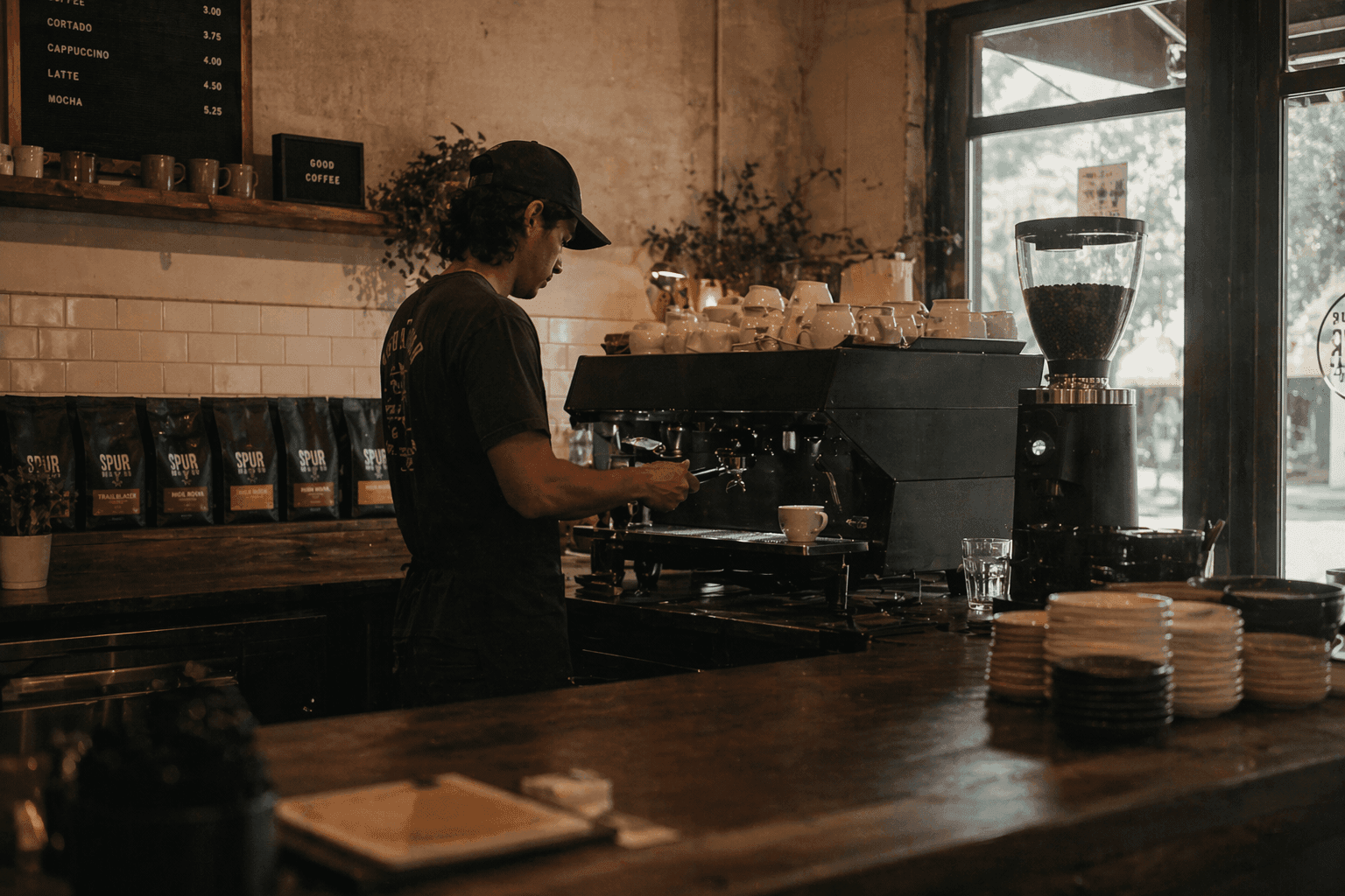 Barista pulling an espresso shot with Spur Coffee bags on the back bar